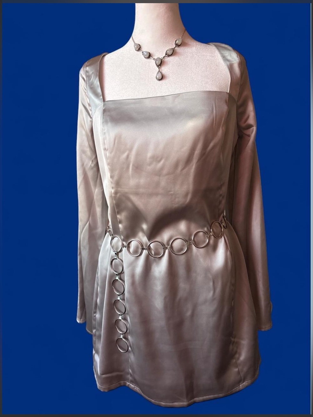 wild fable Satin Silver-Taupe Long Sleeve Mini Dress with Chain Belt